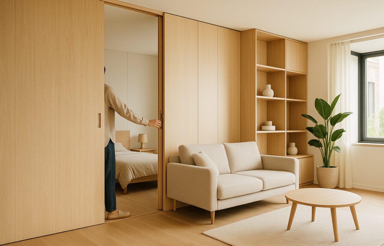 Interno contemporaneo con partizioni mobili e arredi modulari per uno spazio domestico trasformabile