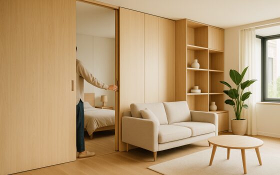 Interno contemporaneo con partizioni mobili e arredi modulari per uno spazio domestico trasformabile