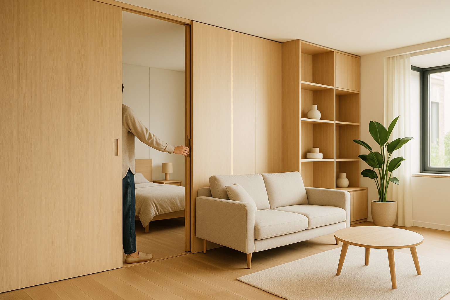Interno contemporaneo con partizioni mobili e arredi modulari per uno spazio domestico trasformabile