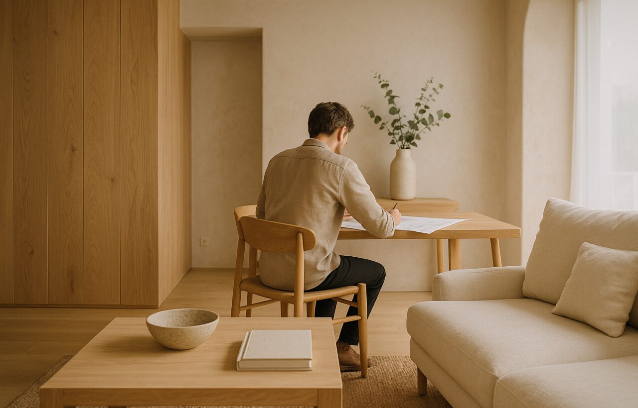 Interno contemporaneo con legno naturale e pareti a finitura materica in calce, palette neutra calda