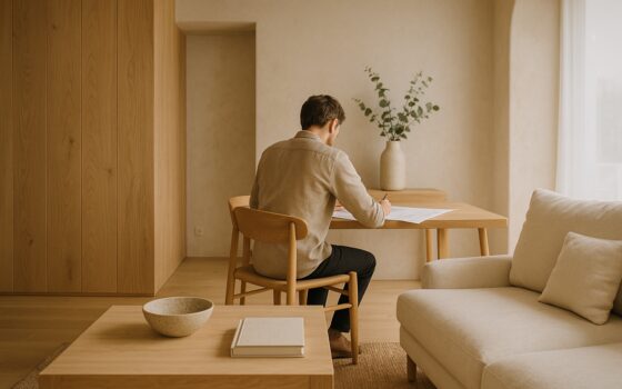 Interno contemporaneo con legno naturale e pareti a finitura materica in calce, palette neutra calda