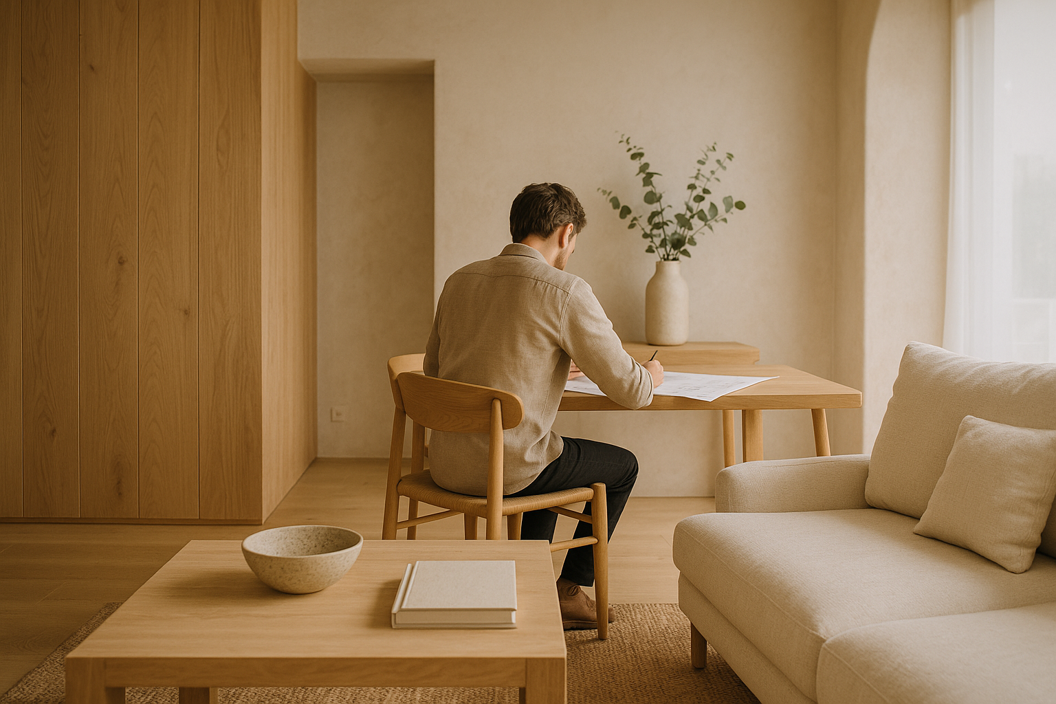 Interno contemporaneo con legno naturale e pareti a finitura materica in calce, palette neutra calda