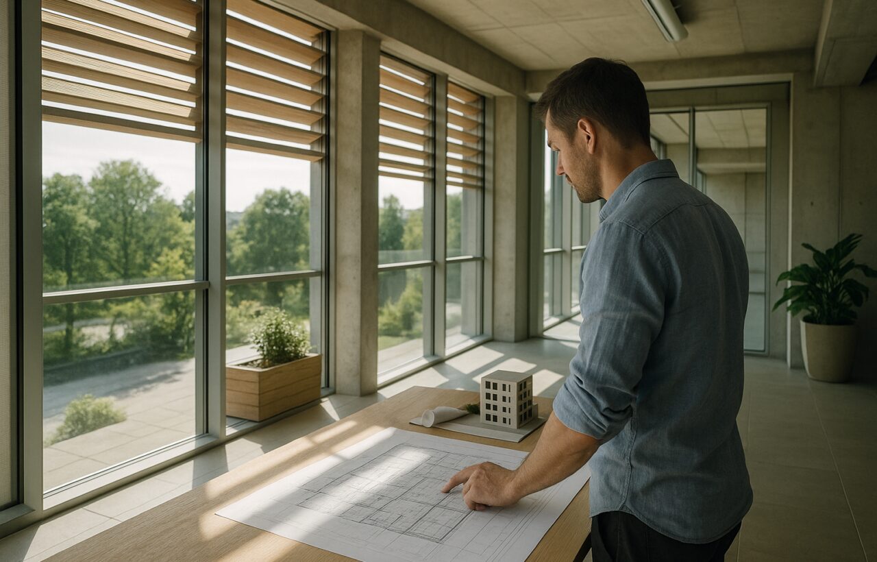 Dettaglio di architettura contemporanea con schermature solari e luce naturale, esempio di approccio sostenibile