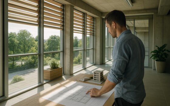 Dettaglio di architettura contemporanea con schermature solari e luce naturale, esempio di approccio sostenibile