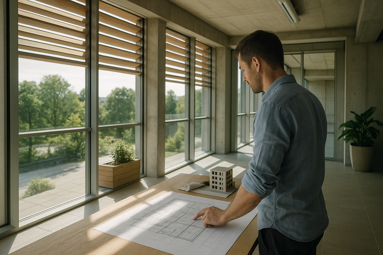 Dettaglio di architettura contemporanea con schermature solari e luce naturale, esempio di approccio sostenibile