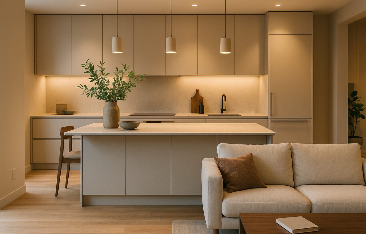 Cucina integrata con soggiorno in ambiente open space contemporaneo con isola centrale e finiture opache