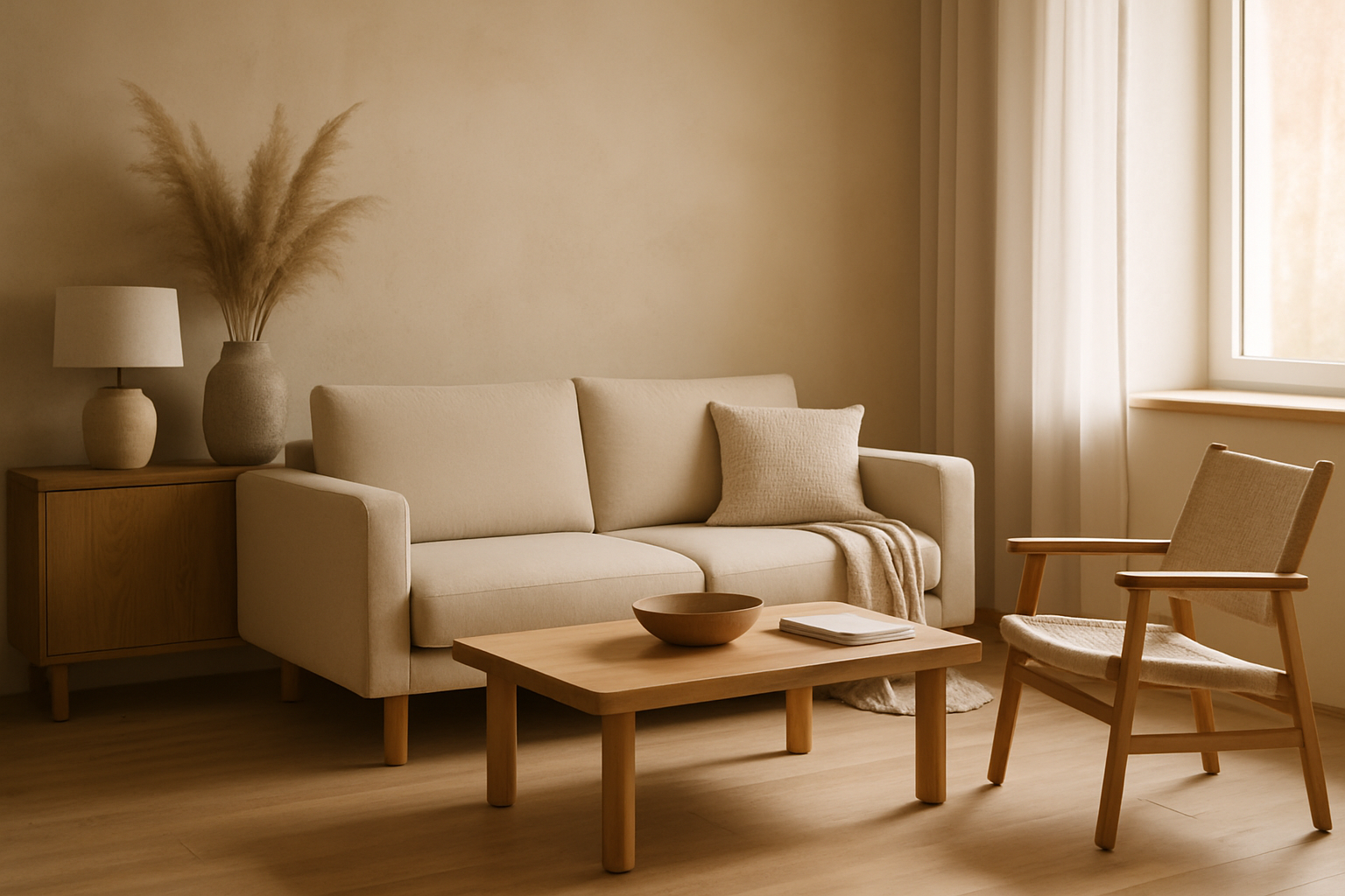 Soggiorno minimalista caldo con materiali naturali, texture morbide e illuminazione calda