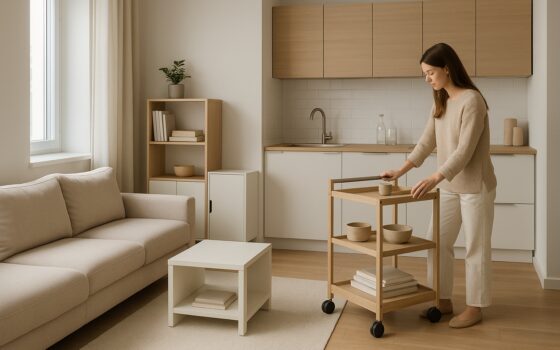 Soggiorno di casa piccola con arredi modulari componibili e soluzioni mobili salvaspazio