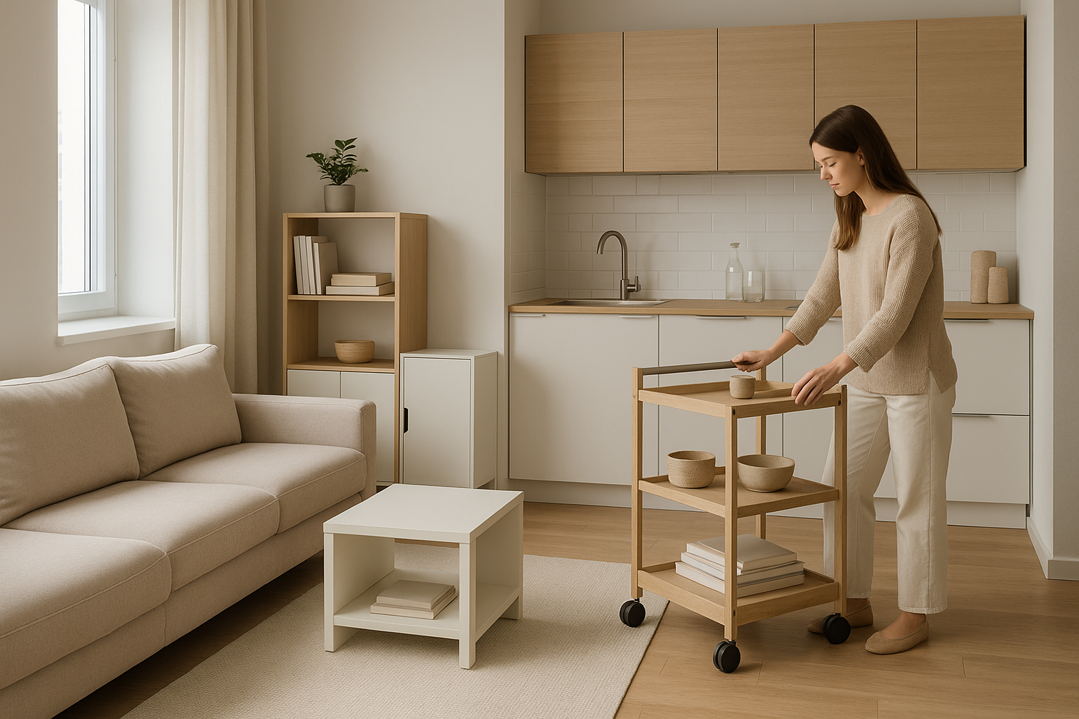 Soggiorno di casa piccola con arredi modulari componibili e soluzioni mobili salvaspazio