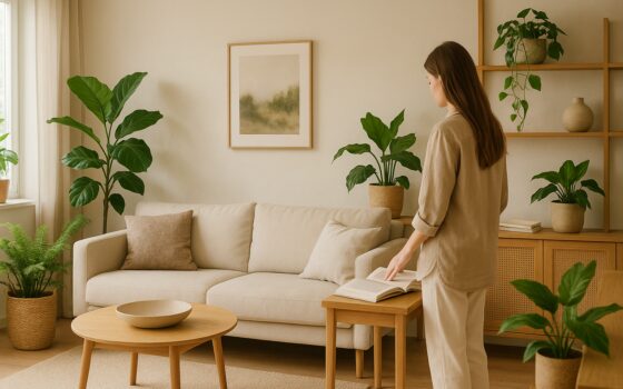 Interno domestico con materiali naturali e piante integrate secondo i principi del design biofilico