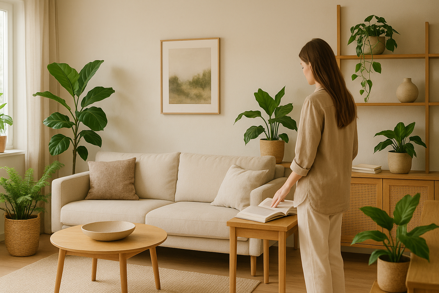 Interno domestico con materiali naturali e piante integrate secondo i principi del design biofilico