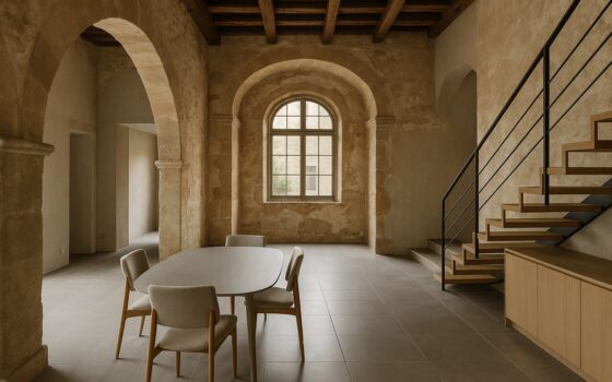 Interno di edificio storico recuperato con inserimenti contemporanei e luce naturale