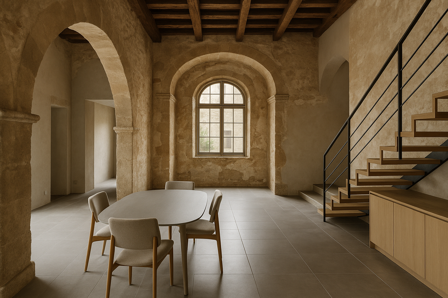Interno di edificio storico recuperato con inserimenti contemporanei e luce naturale