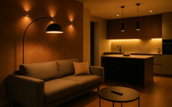 Interno contemporaneo con illuminazione stratificata e scenari luminosi serali in open space