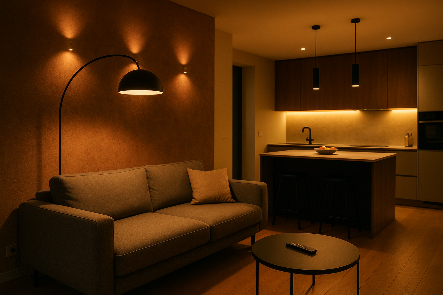 Interno contemporaneo con illuminazione stratificata e scenari luminosi serali in open space