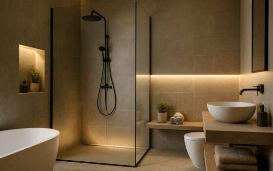 Bagno contemporaneo con doccia walk-in e illuminazione calda, finiture opache effetto pietra e atmosfera da spa domestica