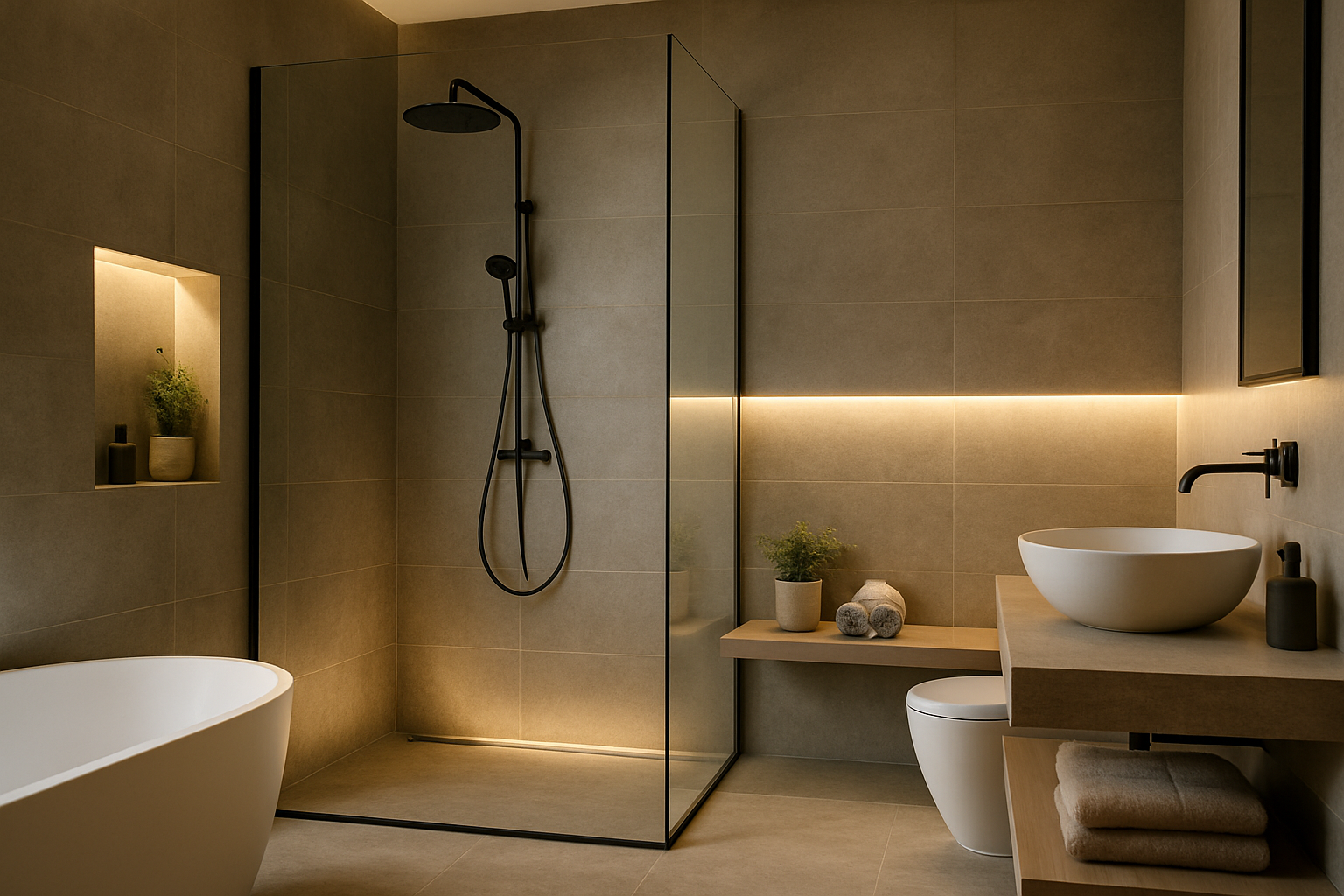 Bagno contemporaneo con doccia walk-in e illuminazione calda, finiture opache effetto pietra e atmosfera da spa domestica