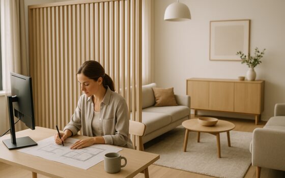 Spazio living con postazione di lavoro integrata e separazione leggera per maggiore privacy