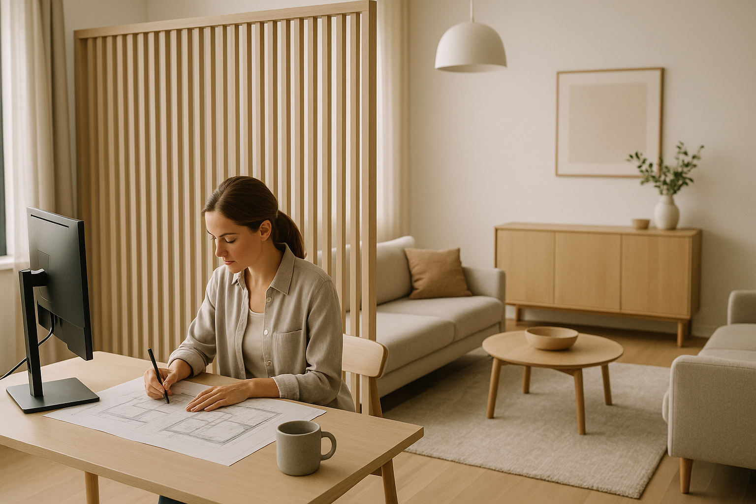 Spazio living con postazione di lavoro integrata e separazione leggera per maggiore privacy