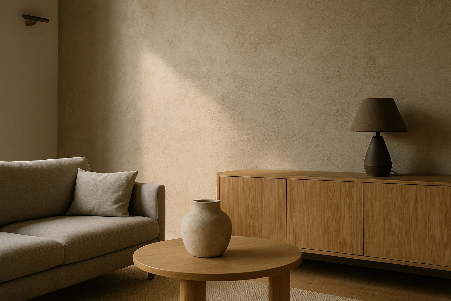 Parete a finitura materica opaca illuminata da luce radente in un interno contemporaneo