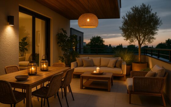 Terrazzo arredato come stanza aggiuntiva con zona pranzo, salottino e illuminazione calda per uso in tutte le stagioni