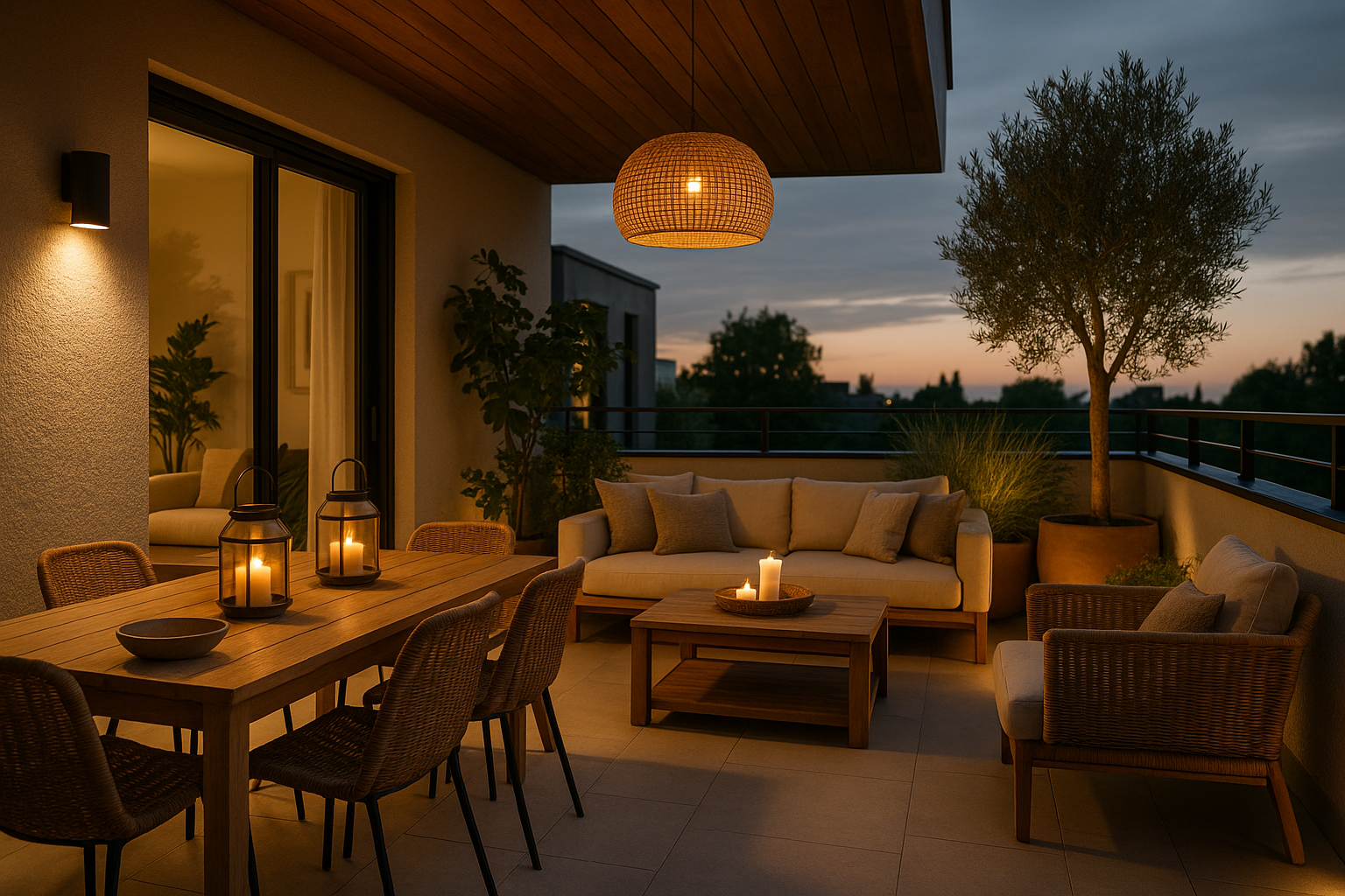 Terrazzo arredato come stanza aggiuntiva con zona pranzo, salottino e illuminazione calda per uso in tutte le stagioni