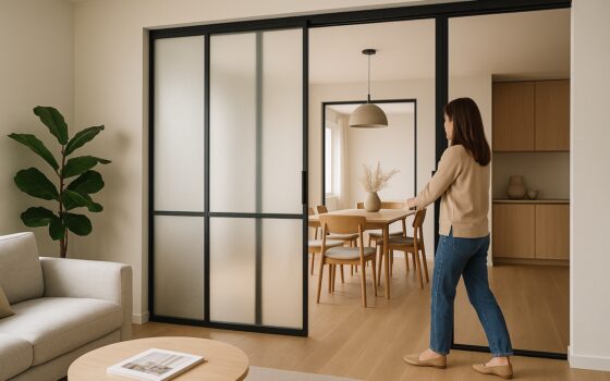 Open space moderno reso flessibile da parete divisoria leggera e porta scorrevole