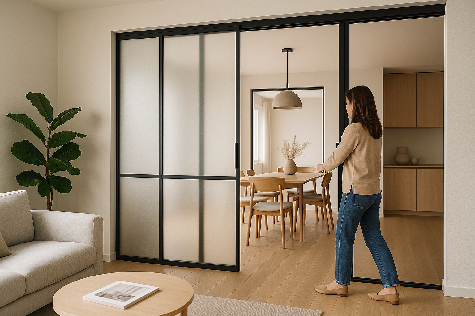 Open space moderno reso flessibile da parete divisoria leggera e porta scorrevole