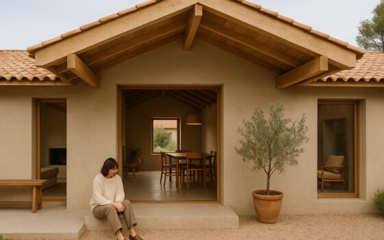 Spazio abitativo contemporaneo ispirato all’architettura rurale con materiali naturali e luce diffusa