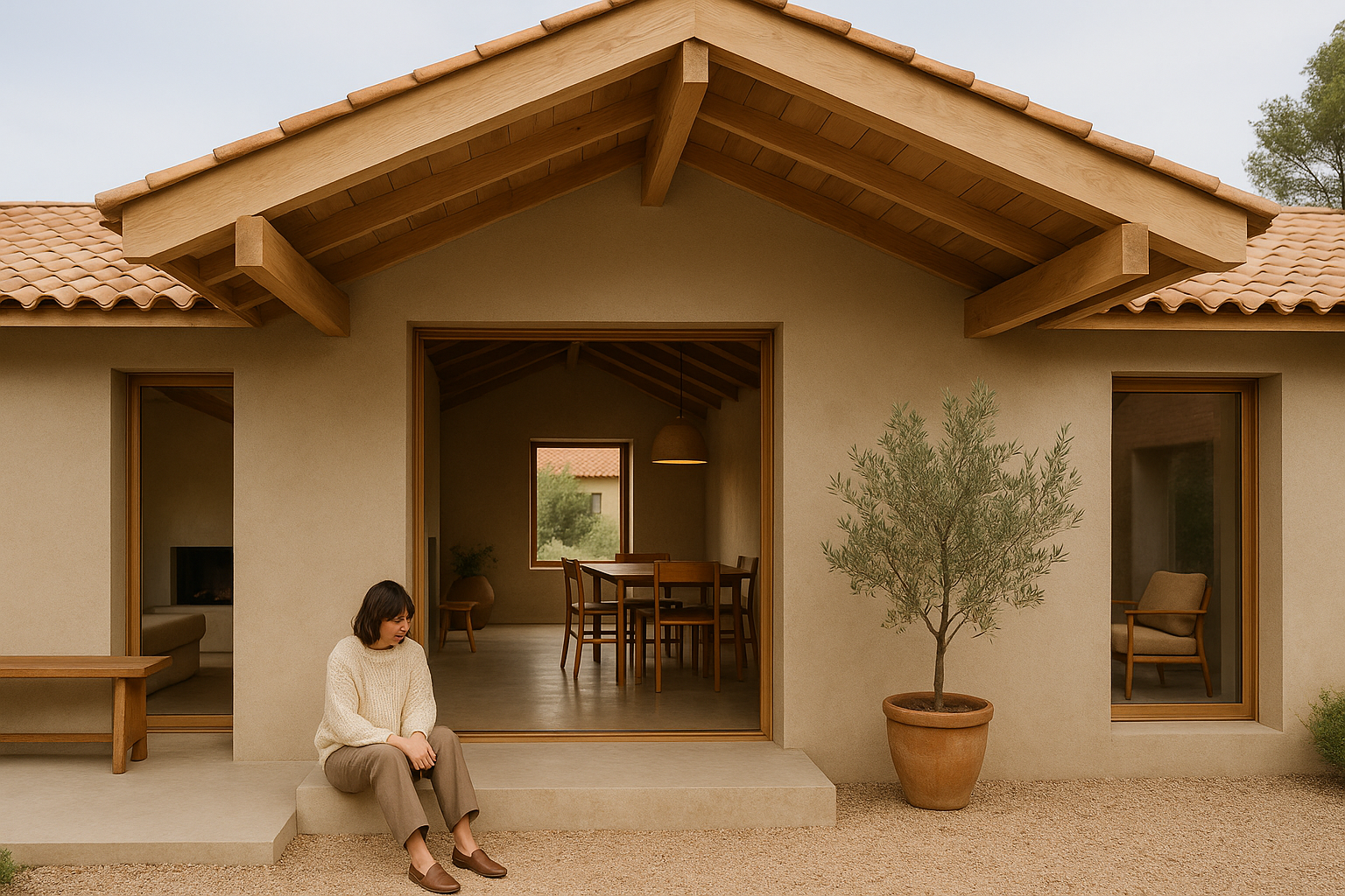 Spazio abitativo contemporaneo ispirato all’architettura rurale con materiali naturali e luce diffusa