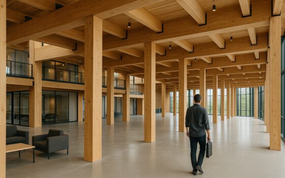 Struttura portante in legno a vista in un grande edificio contemporaneo con travi e pilastri modulari