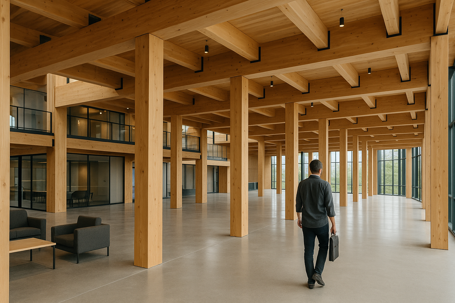 Struttura portante in legno a vista in un grande edificio contemporaneo con travi e pilastri modulari