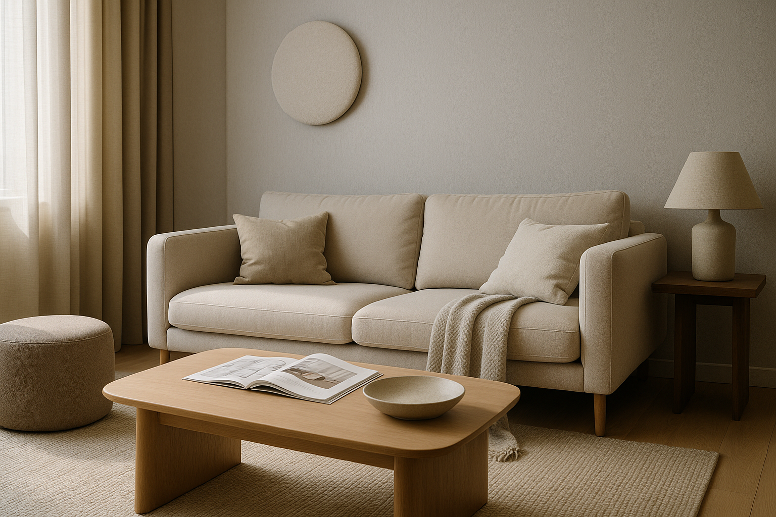 Soggiorno contemporaneo progettato per migliorare il comfort acustico con tessili e superfici opache