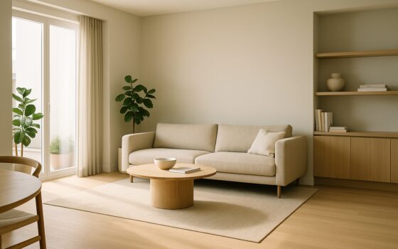 Soggiorno moderno minimalista con integrazione discreta di illuminazione e impianti domotici