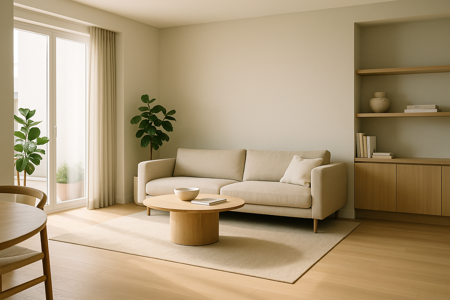 Soggiorno moderno minimalista con integrazione discreta di illuminazione e impianti domotici