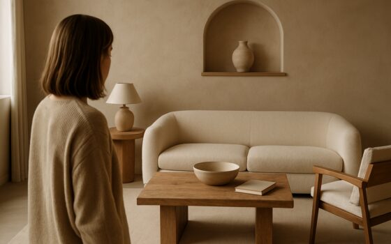 Interno monocromatico con finiture materiche opache, legno spazzolato e luce naturale morbida