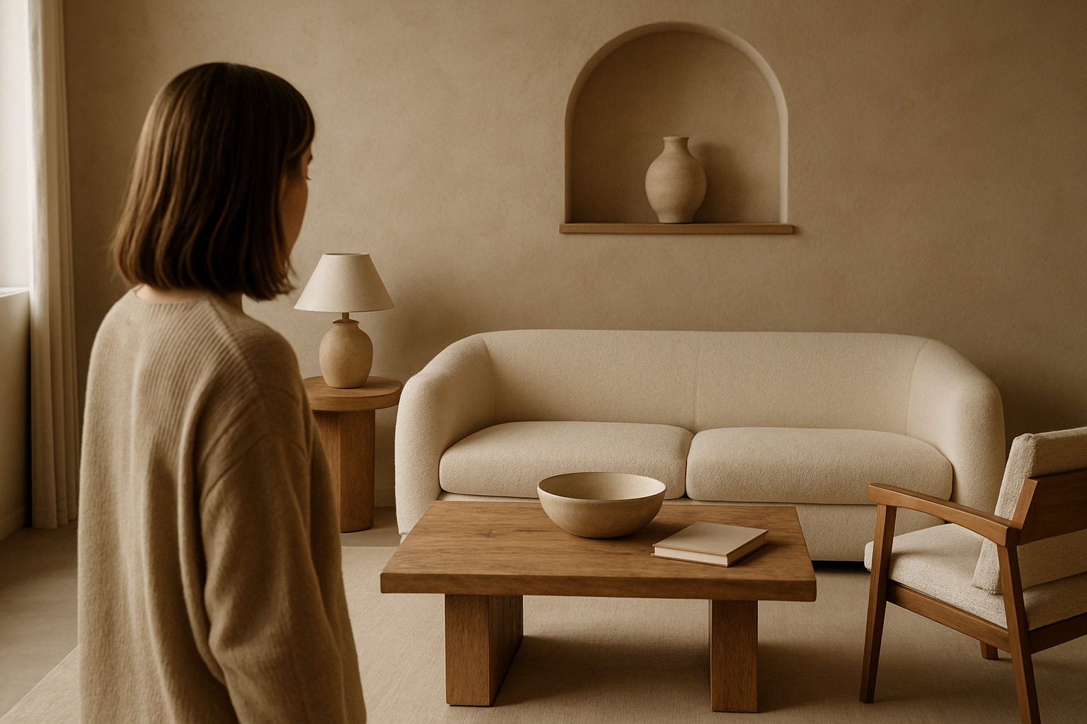 Interno monocromatico con finiture materiche opache, legno spazzolato e luce naturale morbida