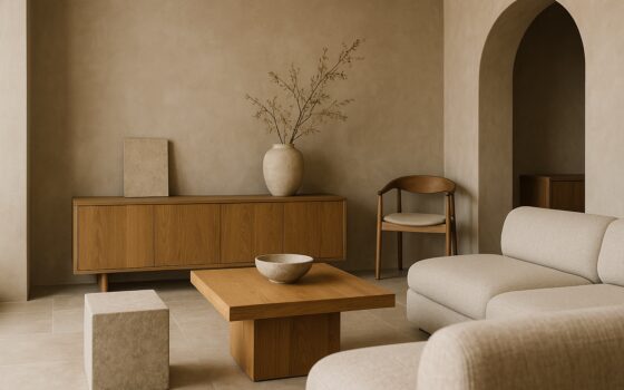 Interno contemporaneo con materiali autentici, finiture opache e palette neutra ispirata al lusso discreto