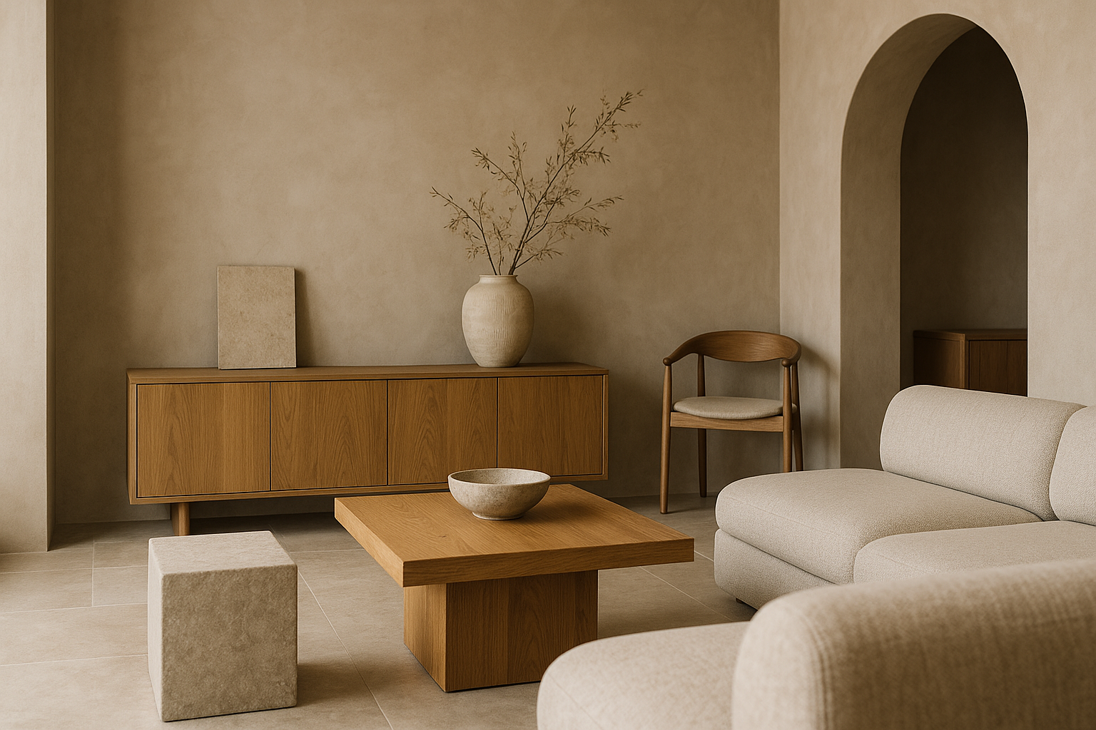 Interno contemporaneo con materiali autentici, finiture opache e palette neutra ispirata al lusso discreto