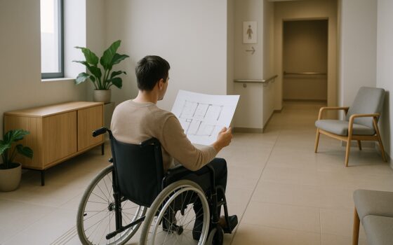 Esempio di spazio interno progettato secondo principi di architettura inclusiva con percorsi continui e arredi ergonomici
