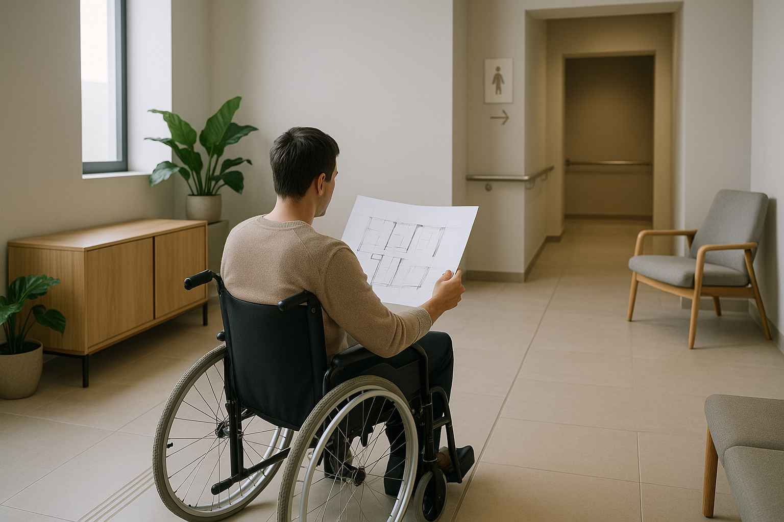 Esempio di spazio interno progettato secondo principi di architettura inclusiva con percorsi continui e arredi ergonomici