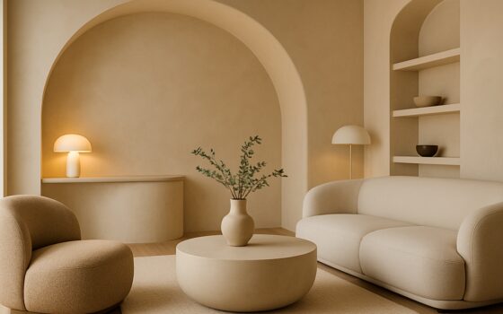 Interno contemporaneo con parete curva e arredi dalle linee morbide in palette neutra