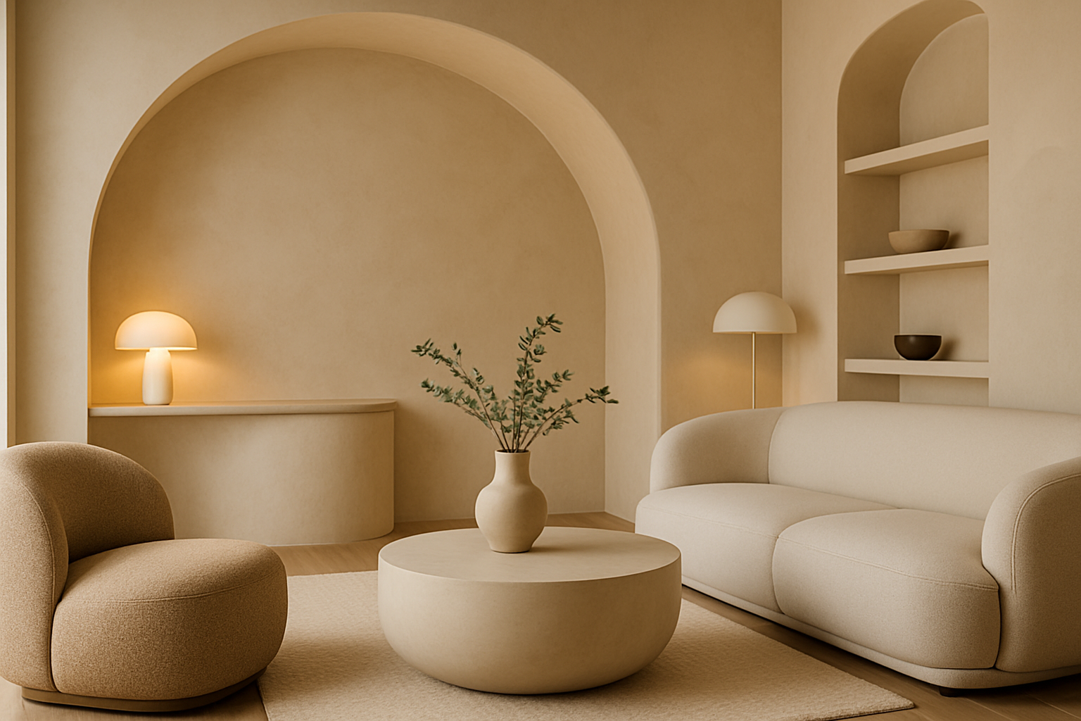 Interno contemporaneo con parete curva e arredi dalle linee morbide in palette neutra
