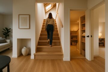 Spazi domestici recuperati: accesso a sottotetto e seminterrato ristrutturati con finiture neutre