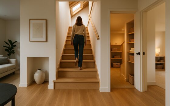 Spazi domestici recuperati: accesso a sottotetto e seminterrato ristrutturati con finiture neutre