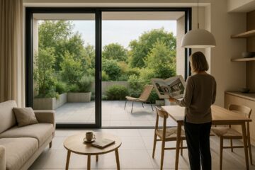 Soggiorno con apertura vetrata che collega interno e terrazza, continuità di materiali e luce naturale