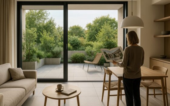 Soggiorno con apertura vetrata che collega interno e terrazza, continuità di materiali e luce naturale