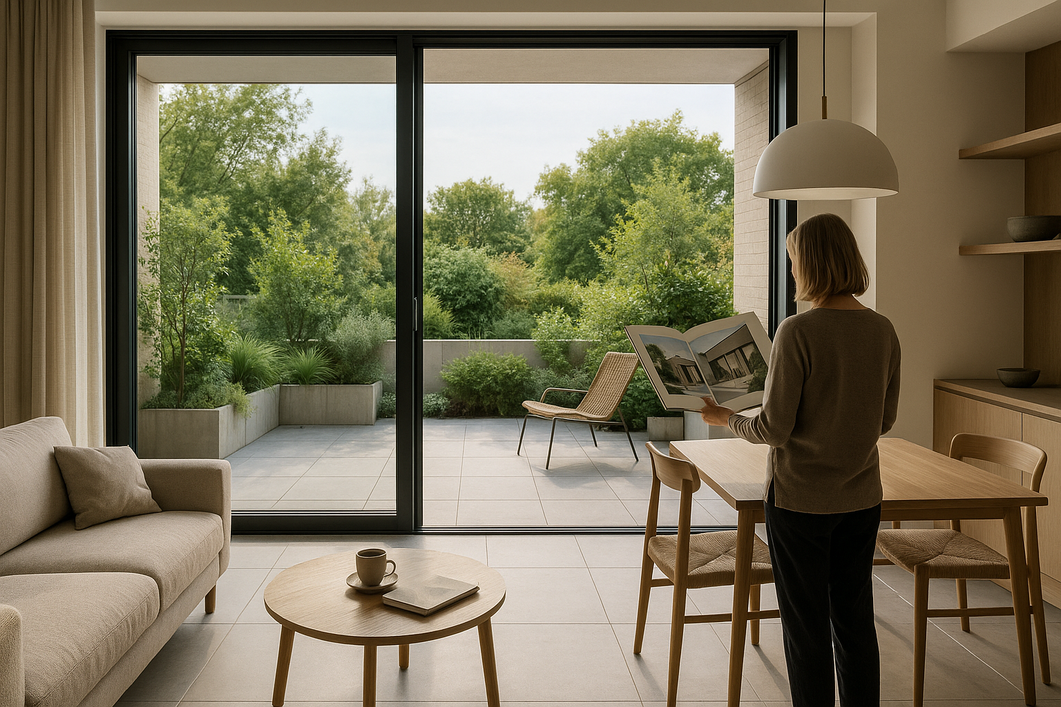 Soggiorno con apertura vetrata che collega interno e terrazza, continuità di materiali e luce naturale