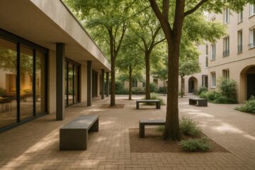 Cortile urbano con porticato e sedute, ombreggiato da alberi e con pavimentazione permeabile
