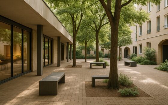 Cortile urbano con porticato e sedute, ombreggiato da alberi e con pavimentazione permeabile